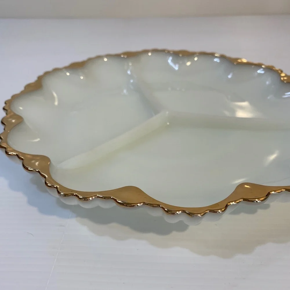 Vintage Antique Divided Serving Dish Holiday Depression Milk Glass White Gold